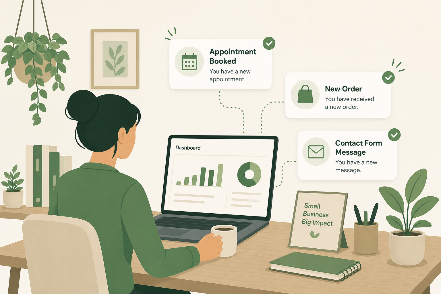 Small business website operations with bookings, orders, and contact notifications